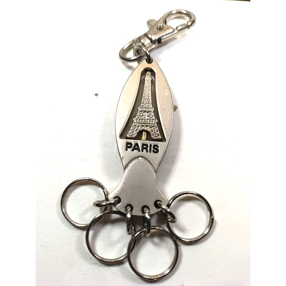 Paris Eiffel Tower Spinner Keychains Luggage Purse Clip Silver Tone - Picture 3 of 4